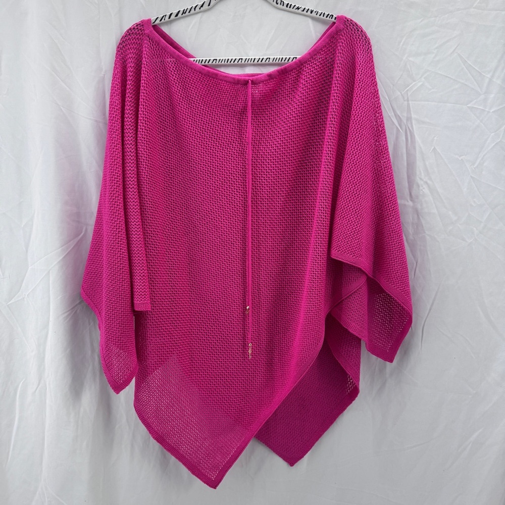 St. John Sport Pink Crochet Knit Poncho Wool Summer Sweater Asymmetrical Hem OS